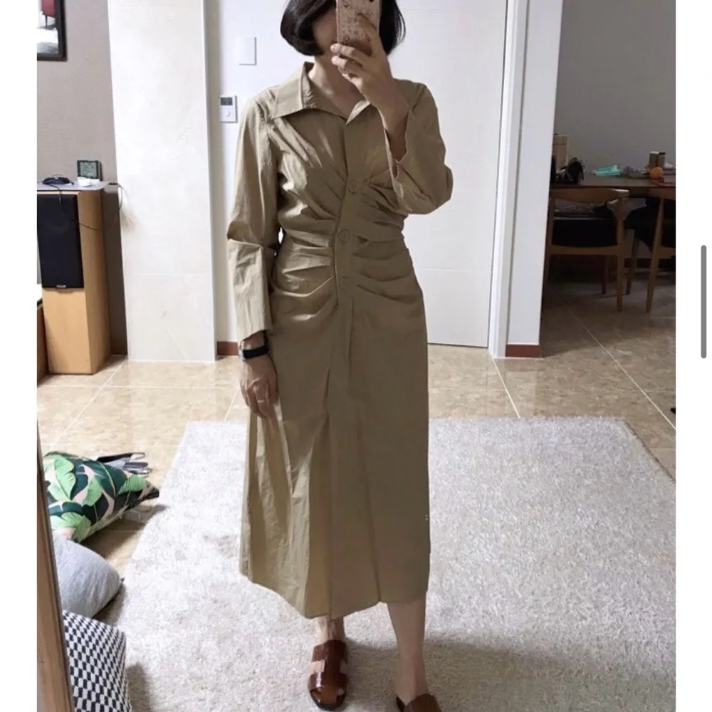 Lafayette 148 New York Ruched Zip Front Midi Dress in Khaki